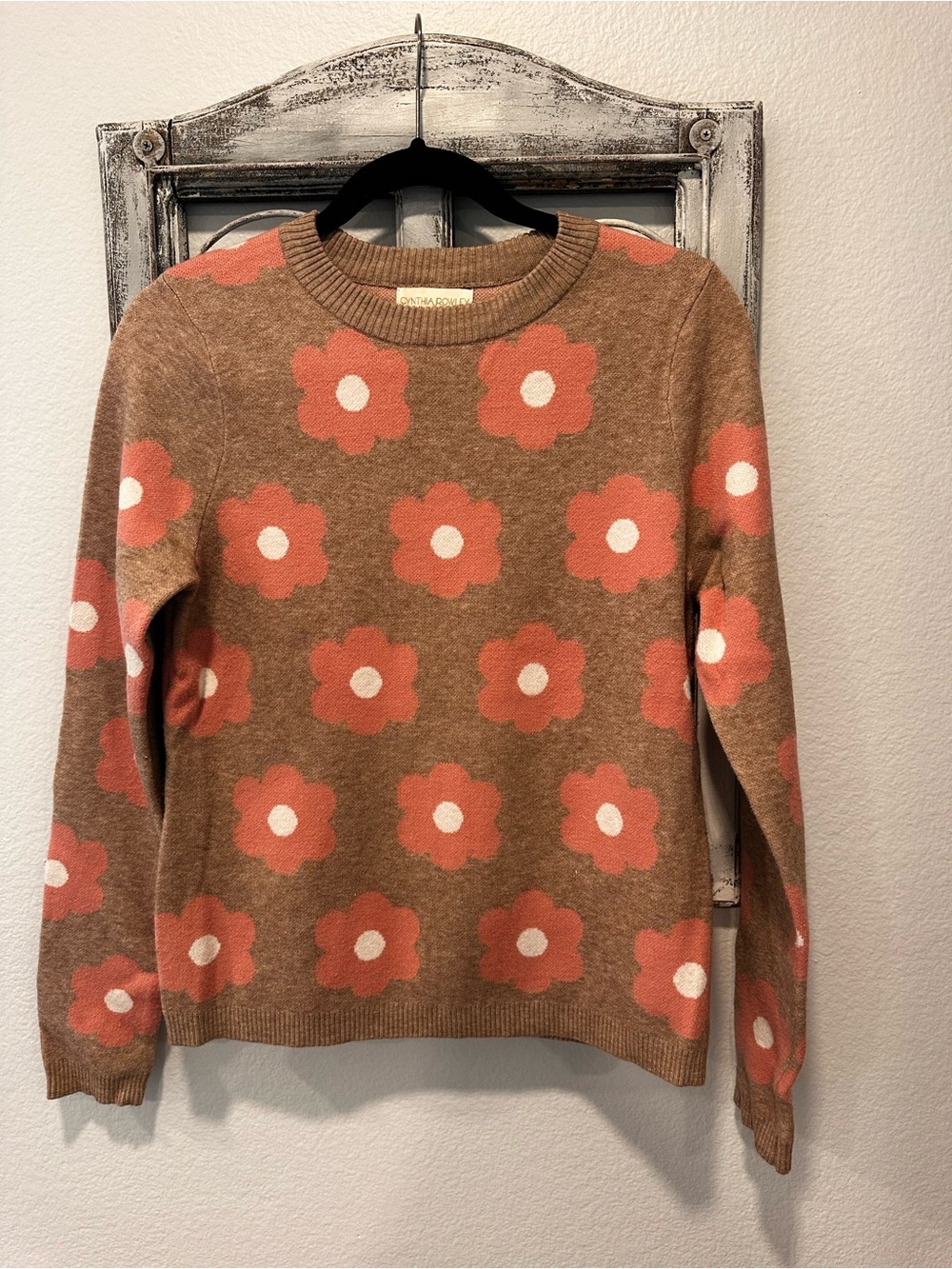 Cynthia Rowley Brown Sweater with Pink Floral Jacquard
